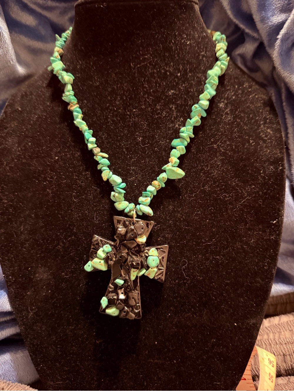 Turquoise Chip Cross Pendant Necklace by